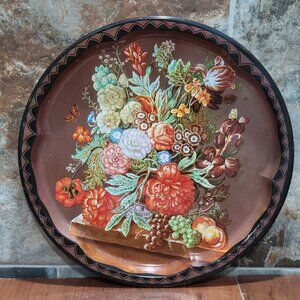 Vintage Daher Round Metal Serving Tray Floral Fruit Design
